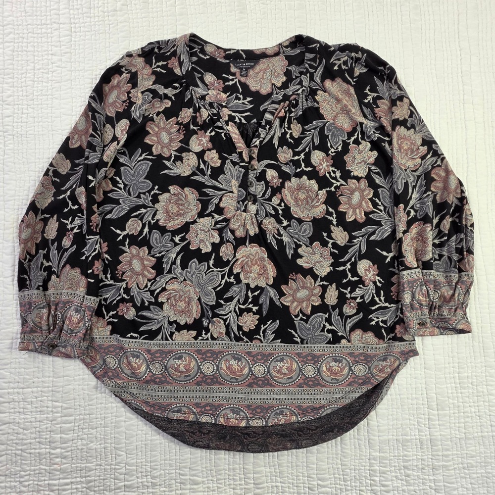 Lucky Brand Black Floral Henley Blouse M Boho Peasant Cottagecore Viscose Tunic